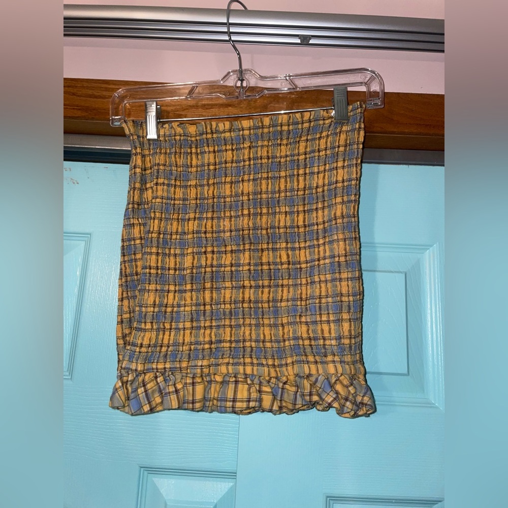 Yellow and blue plaid ruched mini skirt